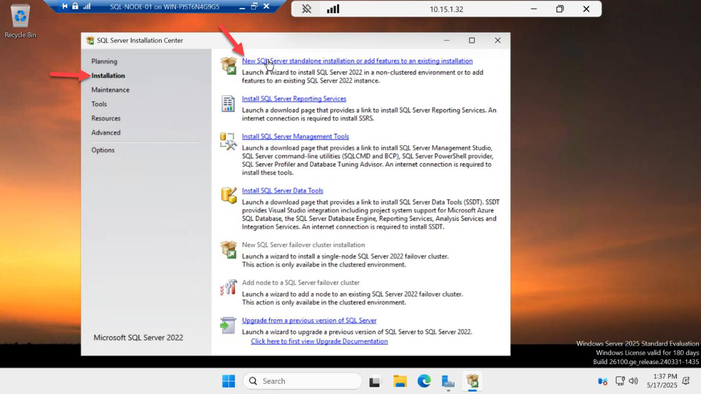 SQL Server Installation Center with the Installation pane open and New SQL Server standalone installation option highlighted