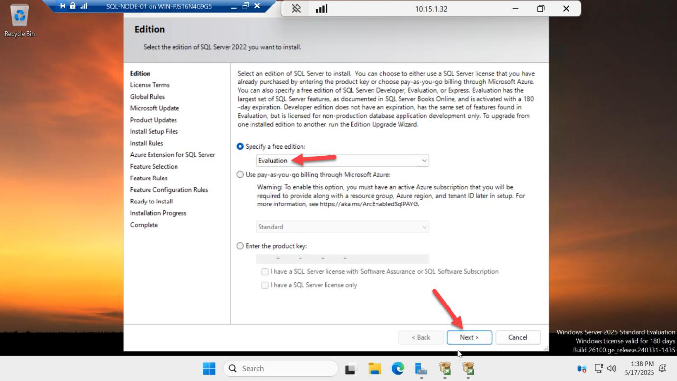 SQL Server 2022 product key page with the Evaluation edition selected from the Specify a free edition dropdown
