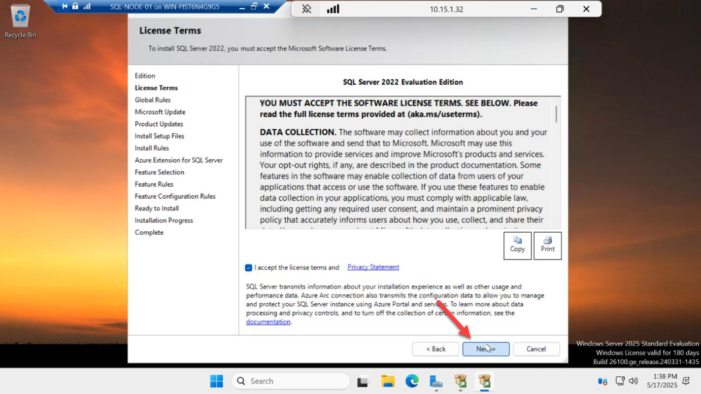 License Terms acceptance page of the SQL Server 2022 setup wizard with the Next button visible