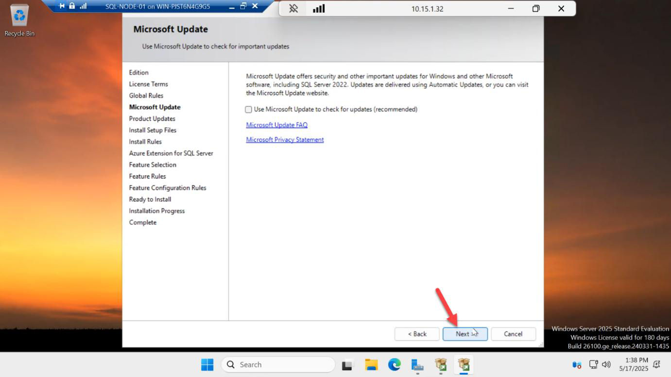 Microsoft Update opt-in page of the SQL Server 2022 setup wizard with default settings retained
