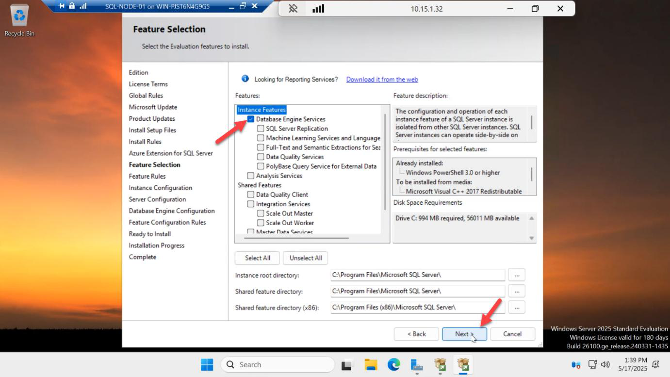 Feature Selection page with the Database Engine Services checkbox ticked and other features left unselected