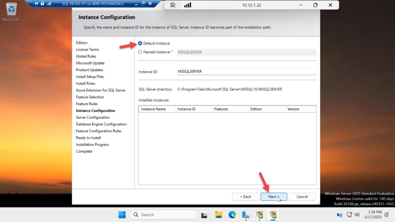 Instance Configuration page with the Default instance radio button selected