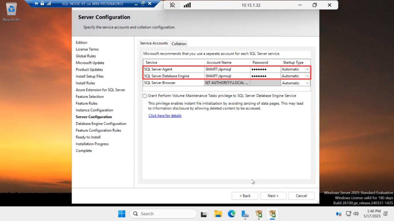 Server Configuration page with the SQL Server Database Engine and SQL Server Agent service accounts and password entered