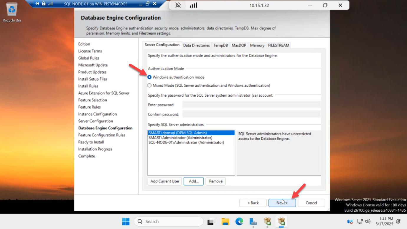 Database Engine Configuration page with the Windows authentication mode radio button selected