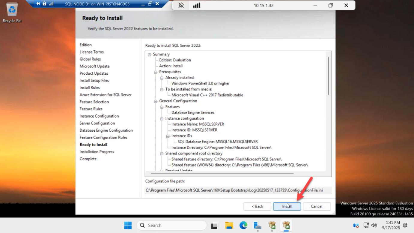 Ready to Install summary page of the SQL Server 2022 setup wizard before the Install button is clicked
