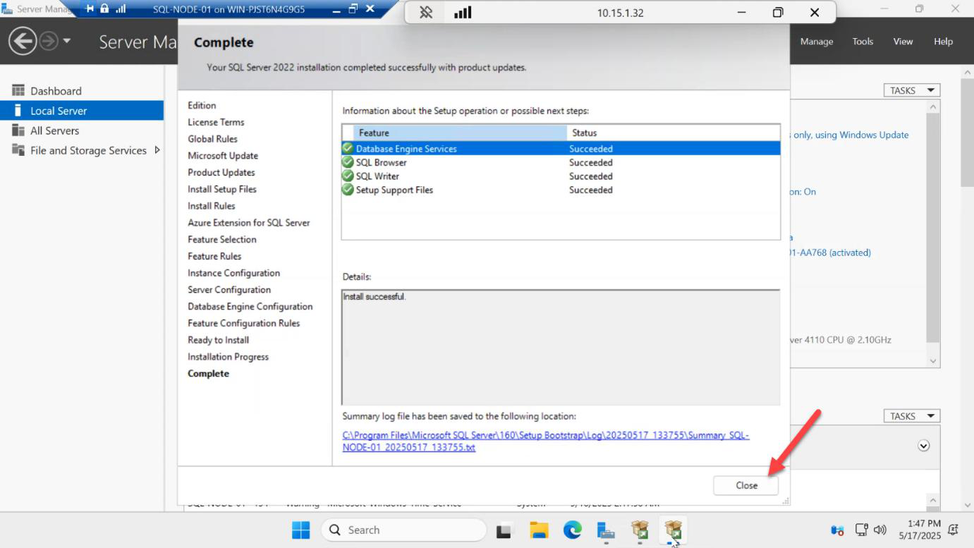 Complete page of the SQL Server 2022 installer showing successful component install with the Close button visible