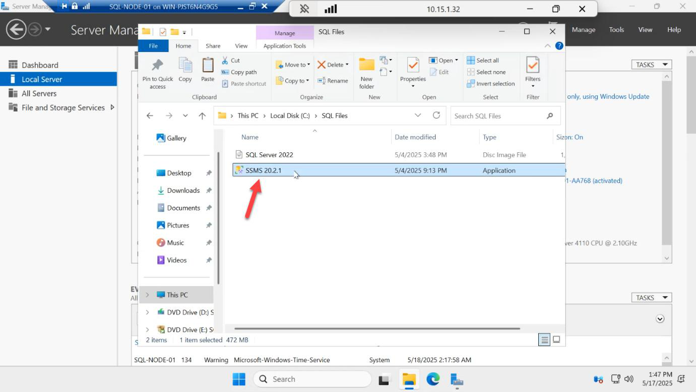 File Explorer with the SSMS-Setup-ENU executable about to be double-clicked to start the SQL Server Management Studio installer