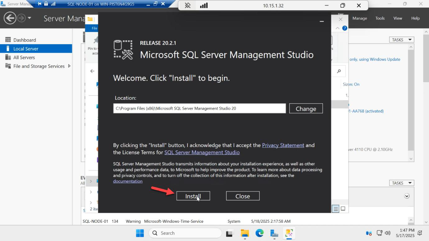 SQL Server Management Studio installer welcome page with the Install button highlighted