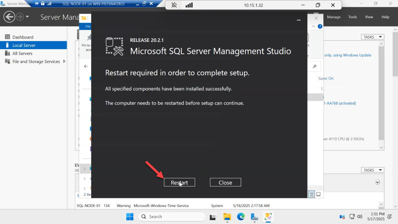 SSMS install completion page prompting for a Windows restart to finish the installation