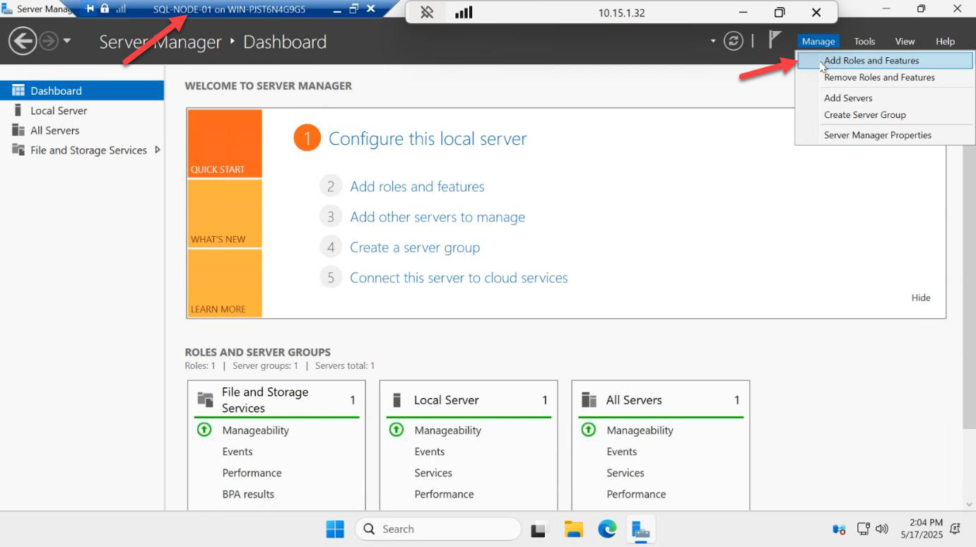 Server Manager Manage menu with Add Roles and Features option being clicked to start the wizard on SQL-NODE-01