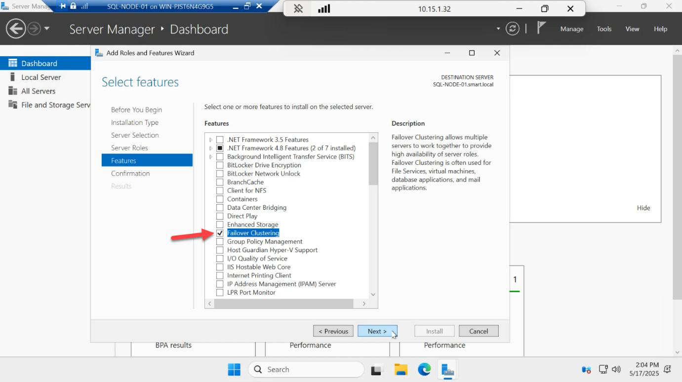 Add Roles and Features Wizard Features page with Failover Clustering checkbox ticked