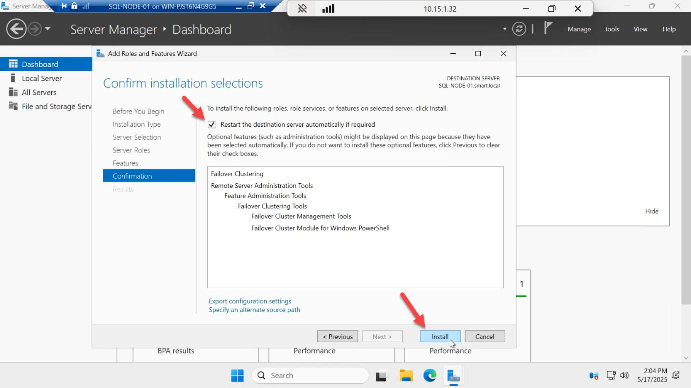 Add Roles and Features Wizard confirmation page with Install button highlighted to begin Failover Clustering install