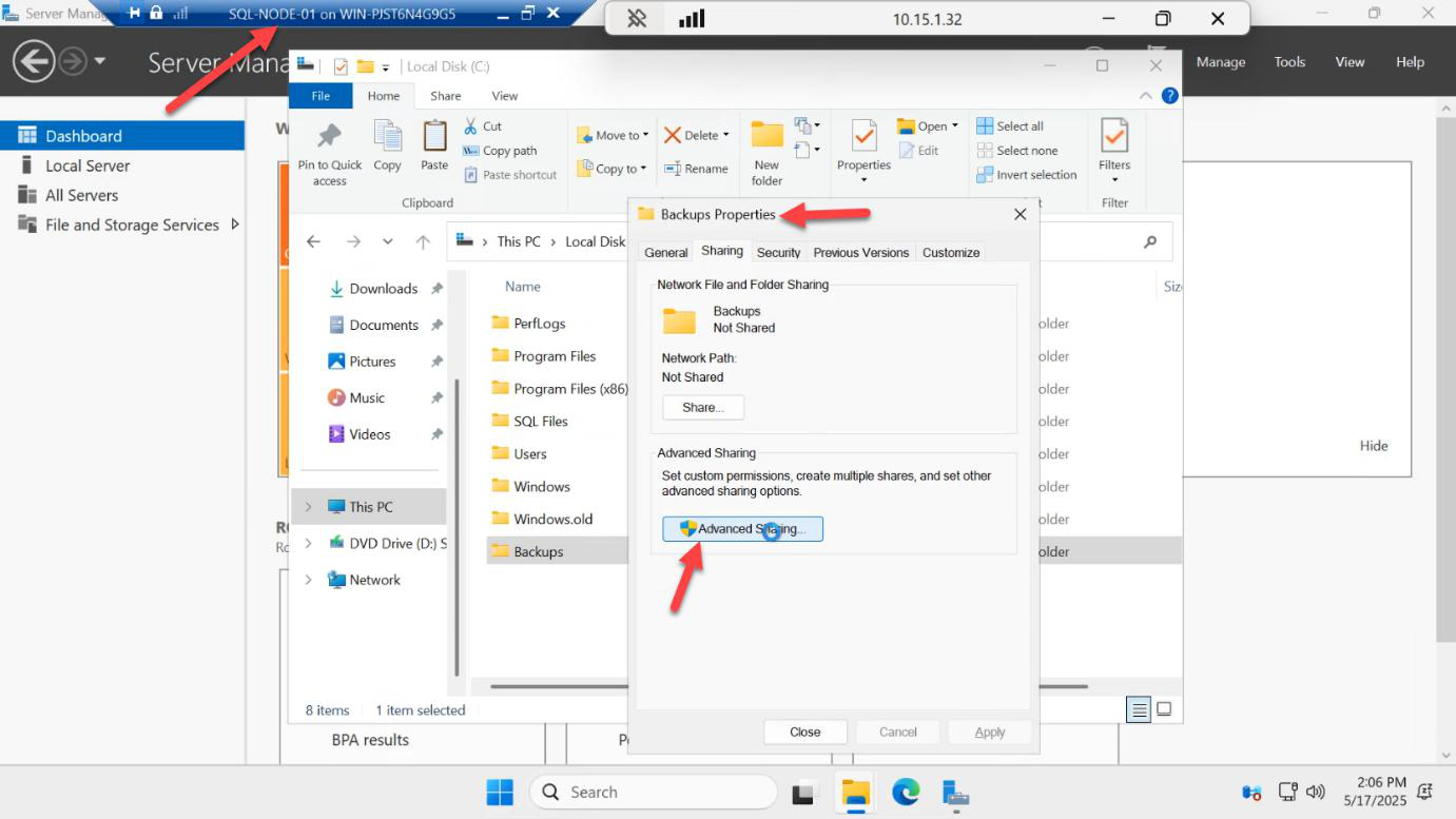 File Explorer view showing the new shared folder being created on a drive for use as the file share witness quorum