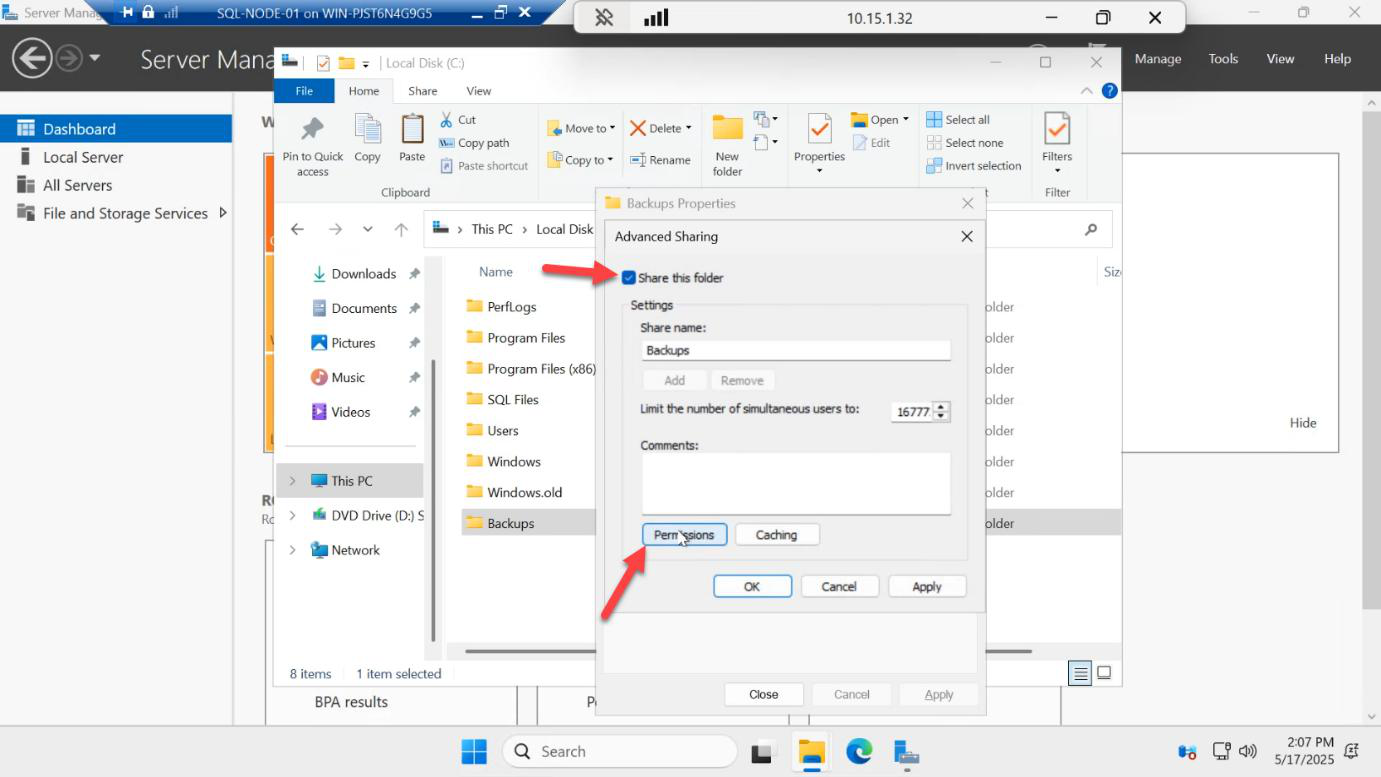 Properties dialog of the share folder with the Sharing tab open and the Permissions button about to be clicked