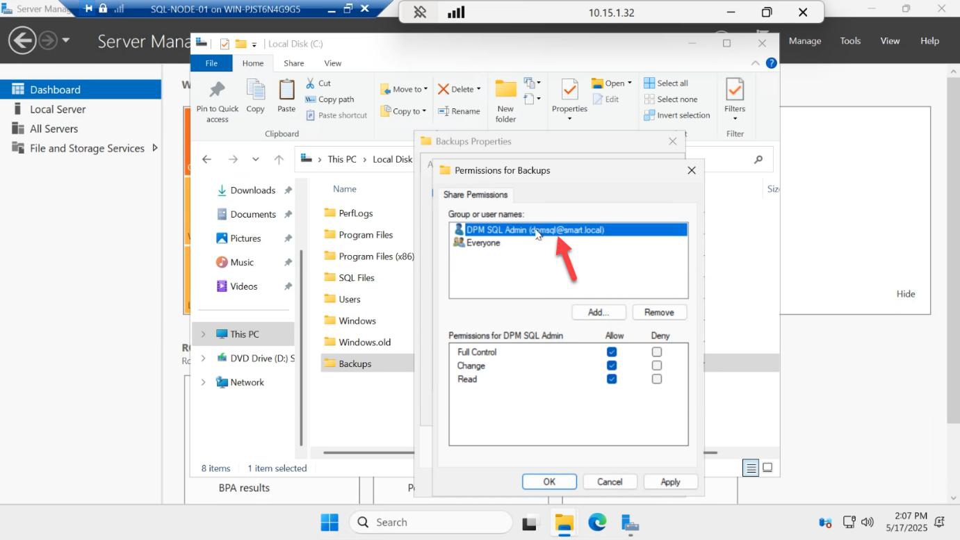 Share Permissions dialog with the SQL service account added and Full Control allow box ticked