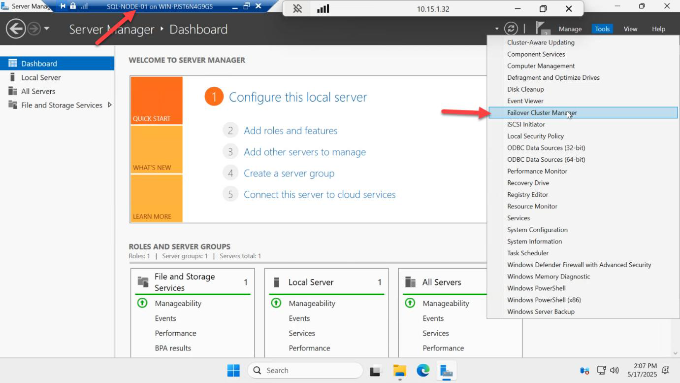 Failover Cluster Manager being opened from the Server Manager Tools menu