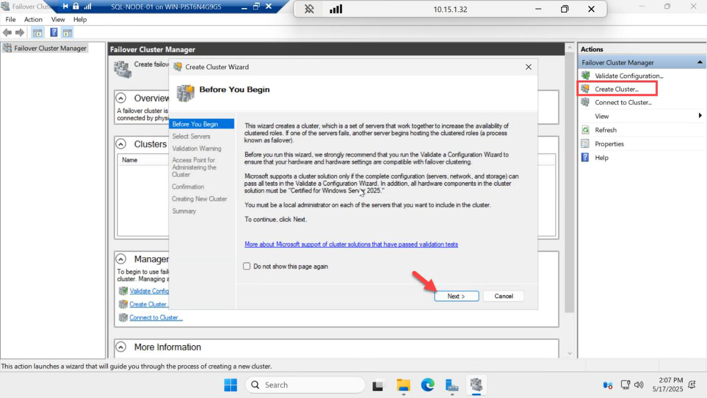 Failover Cluster Manager Create Cluster Wizard welcome page with Next button highlighted