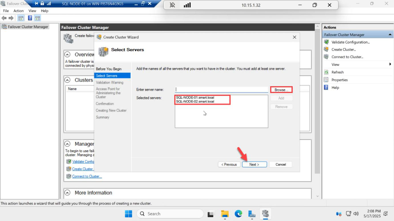 Select Servers step of the Create Cluster Wizard with both SQL-NODE-01 and SQL-NODE-02 added through Browse