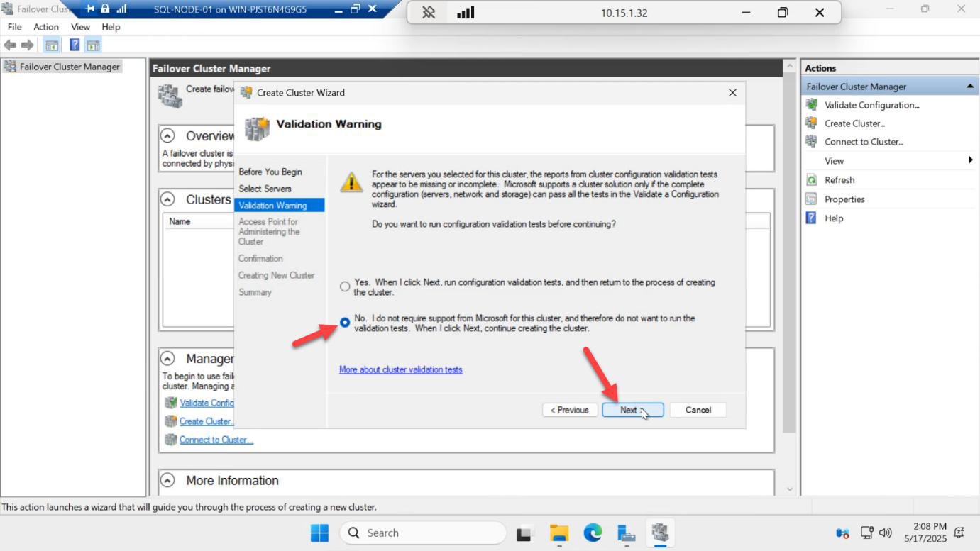 Validation Warning page with the No radio button selected to skip running the validation tests for now