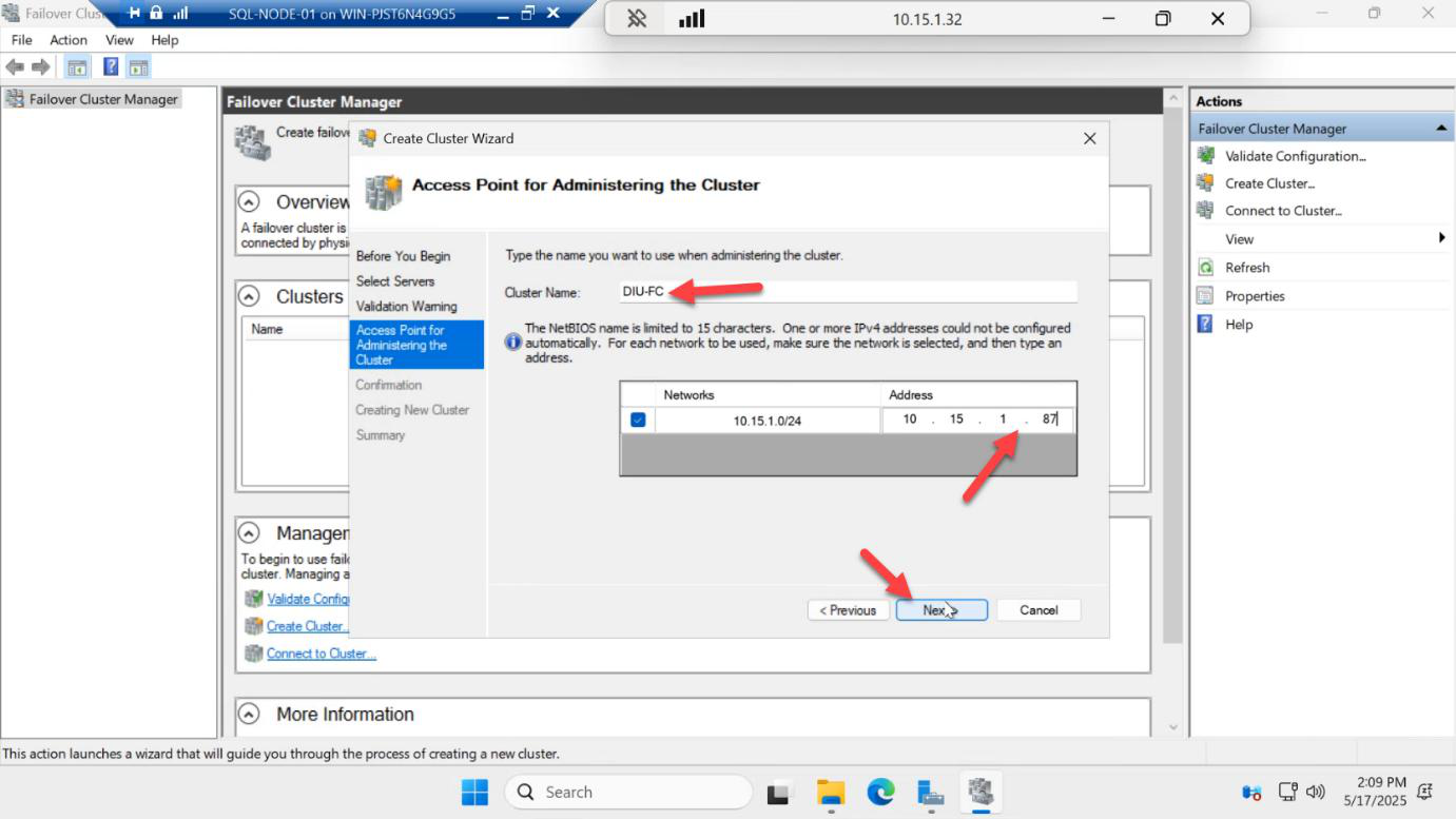 Access Point for Administering the Cluster page with the cluster name and cluster IP address entered