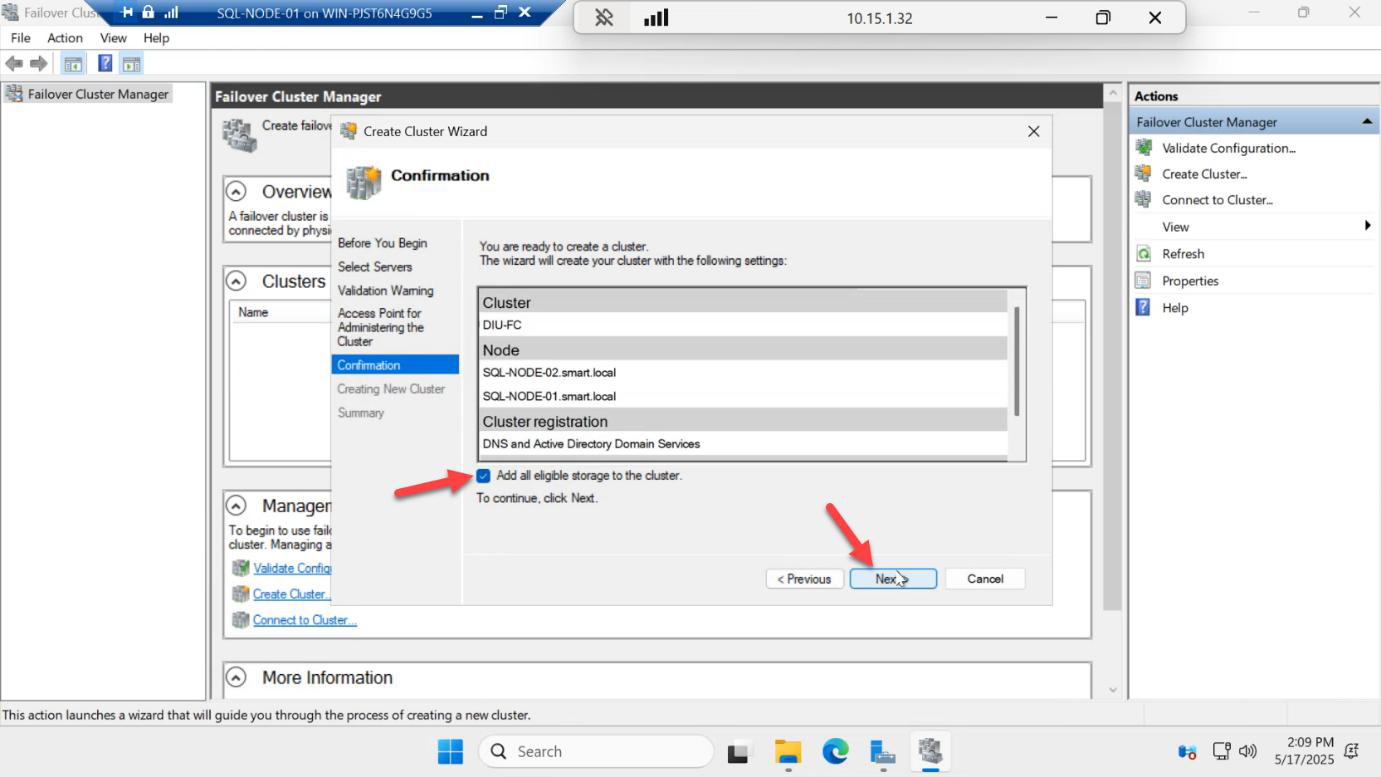 Confirmation page of the Create Cluster Wizard showing the cluster name and selected nodes ready to commit