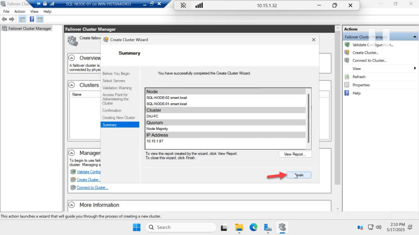 Summary page of the Create Cluster Wizard with successful cluster creation and Finish button visible