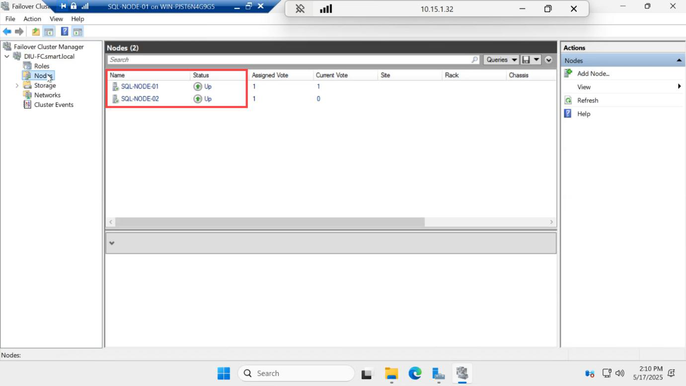 Failover Cluster Manager Nodes view on SQL-NODE-01 showing both SQL-NODE-01 and SQL-NODE-02 with status Up