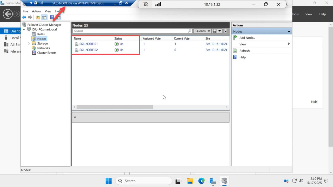 Failover Cluster Manager opened on SQL-NODE-02 confirming the same cluster topology and both nodes Up