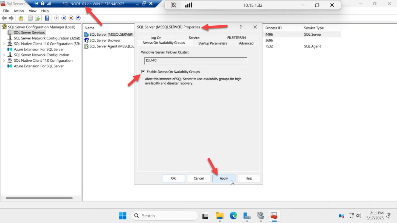 SQL Server Configuration Manager on SQL-NODE-01 with the SQL Server service properties dialog open and Enable AlwaysOn Availability Groups checkbox ticked