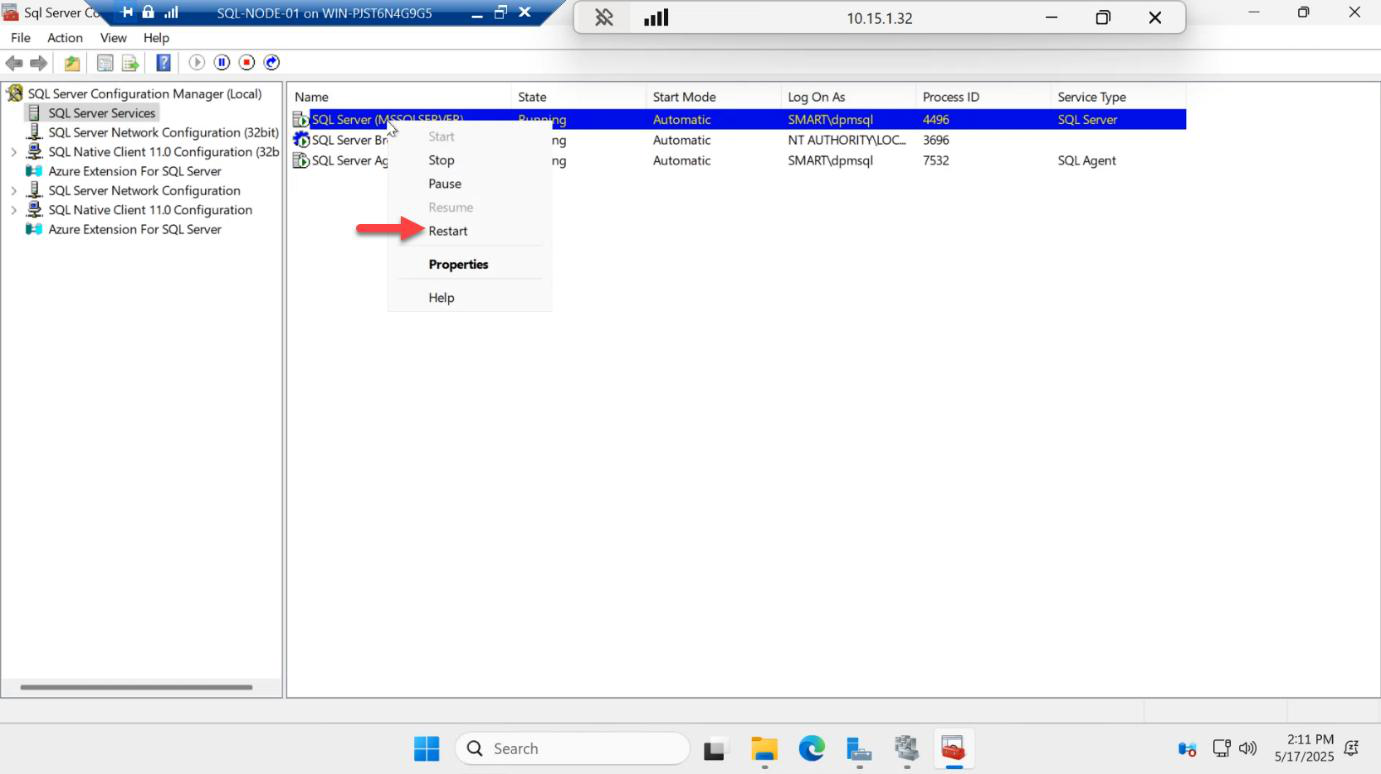 SQL Server Configuration Manager with the SQL Server service being restarted to apply the AlwaysOn enable change