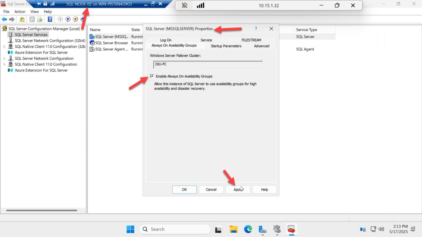 SQL Server Configuration Manager on SQL-NODE-02 with the same Enable AlwaysOn Availability Groups checkbox being ticked on the second node