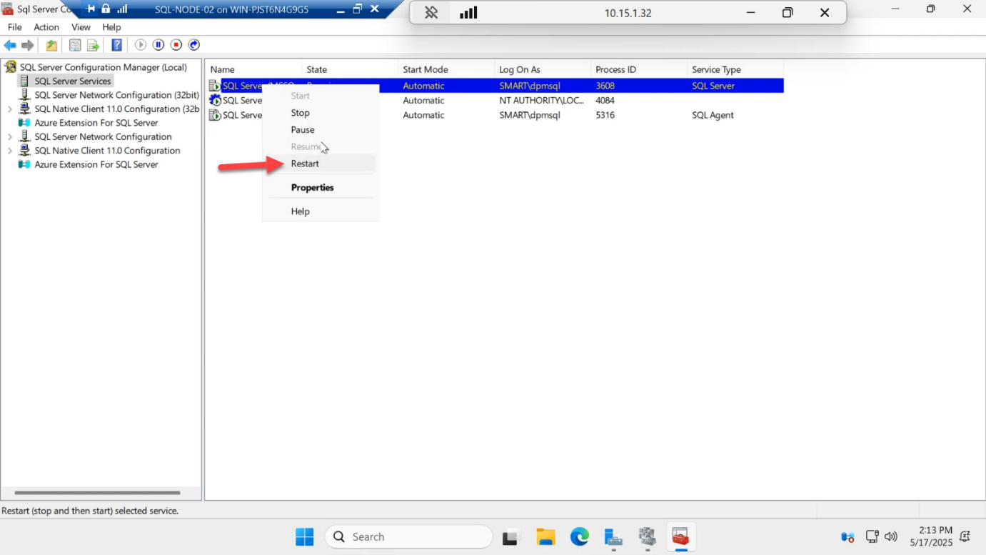 SQL Server service restart on SQL-NODE-02 to commit the AlwaysOn enable change on the secondary node