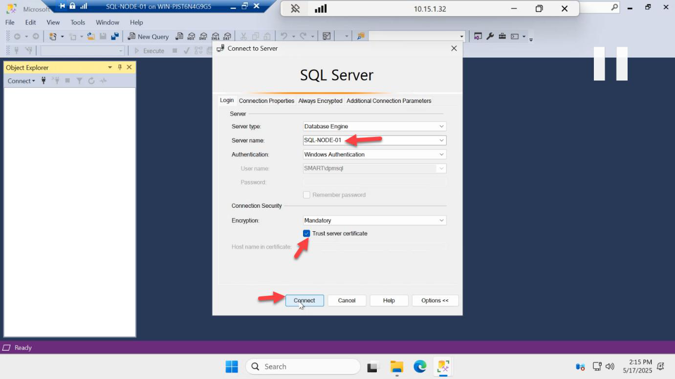 Connect to Server dialog with the SQL-NODE-01 instance and Windows authentication selected and Connect button clicked