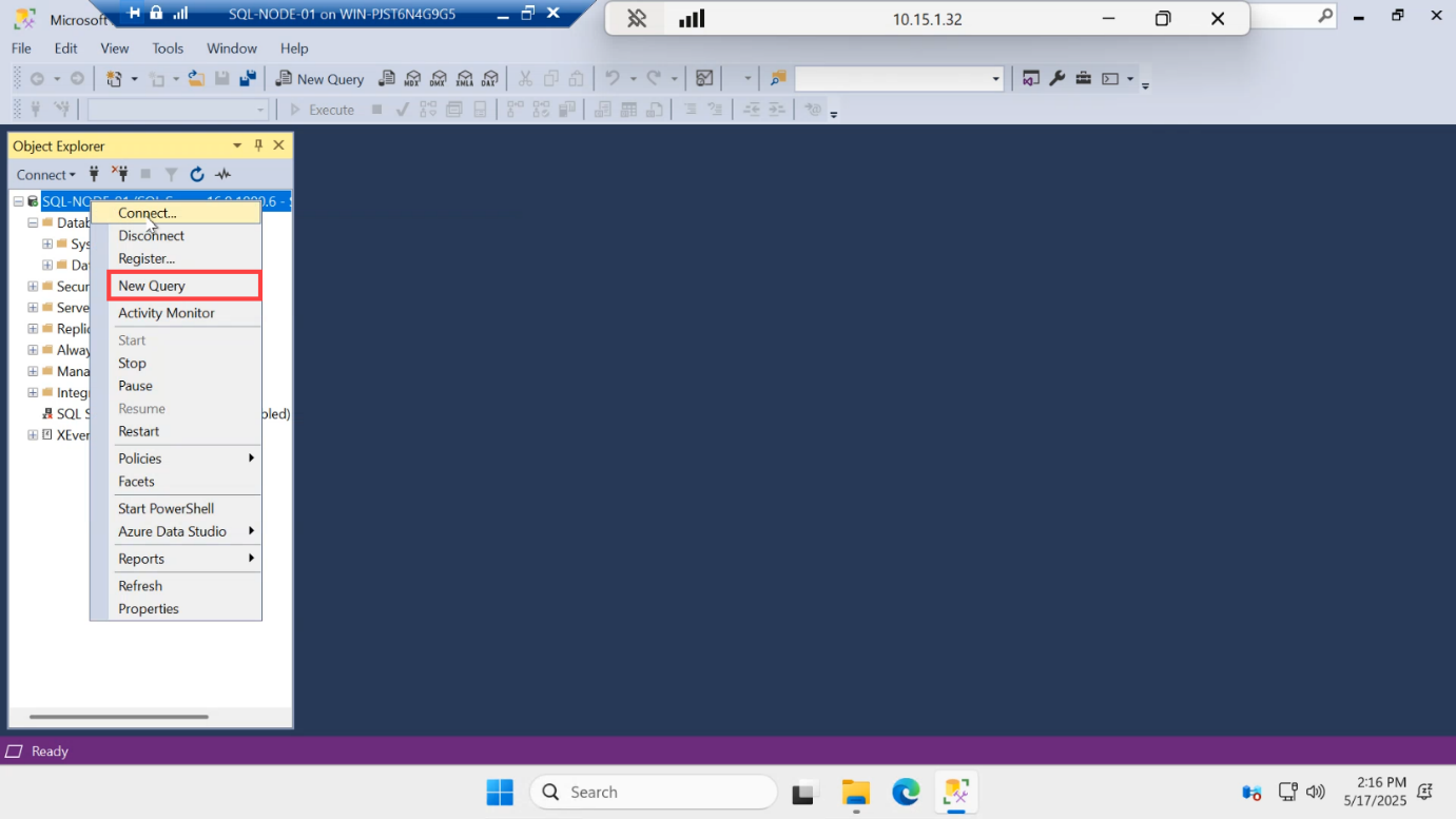 Object Explorer with SQL-NODE-01 right-clicked and the New Query option selected to open a query window
