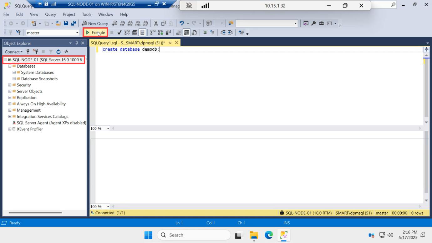 New Query window showing the CREATE DATABASE demodb statement being executed against the SQL-NODE-01 instance