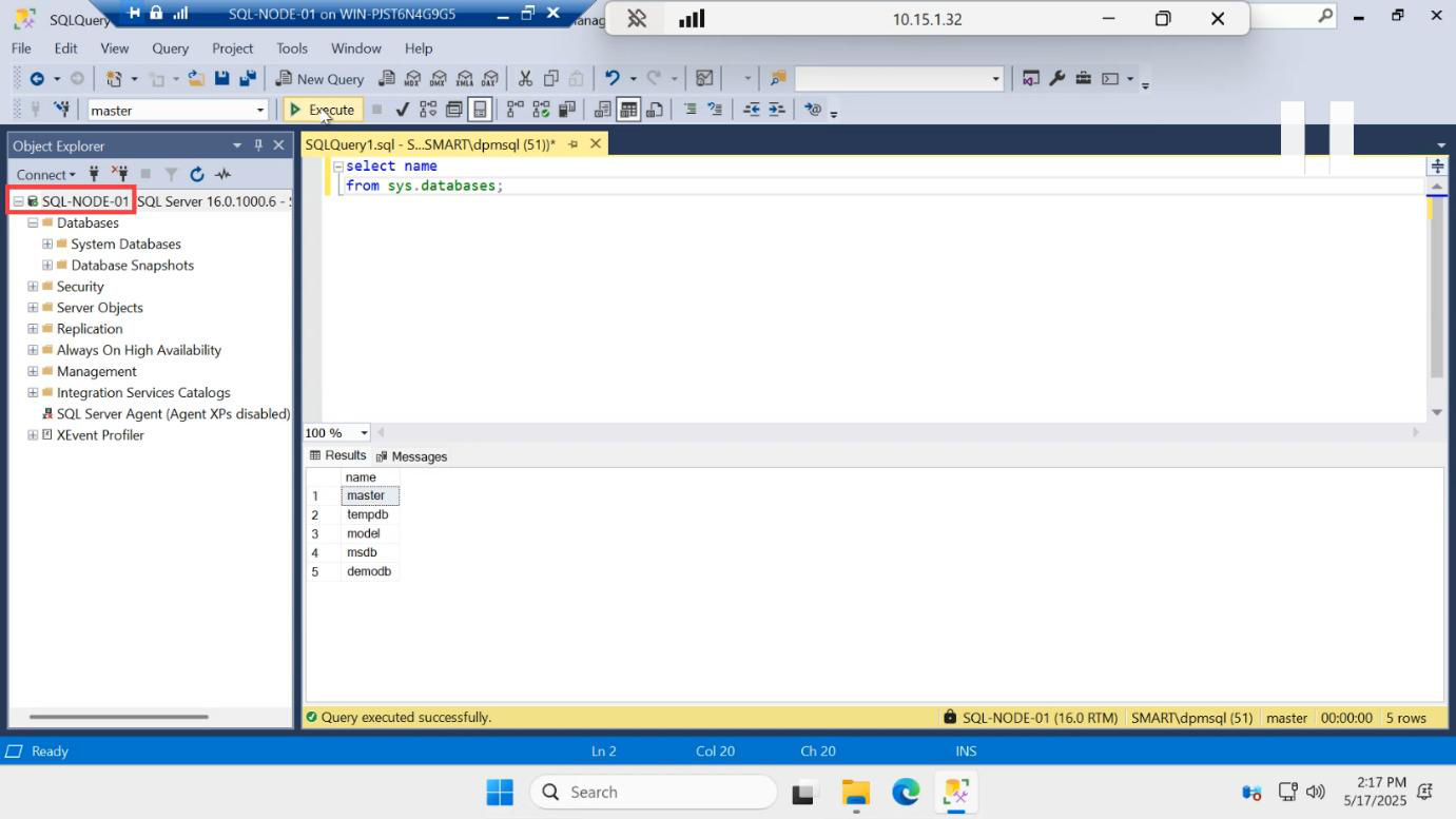 Object Explorer Databases node refreshed showing the new demodb database alongside the system databases
