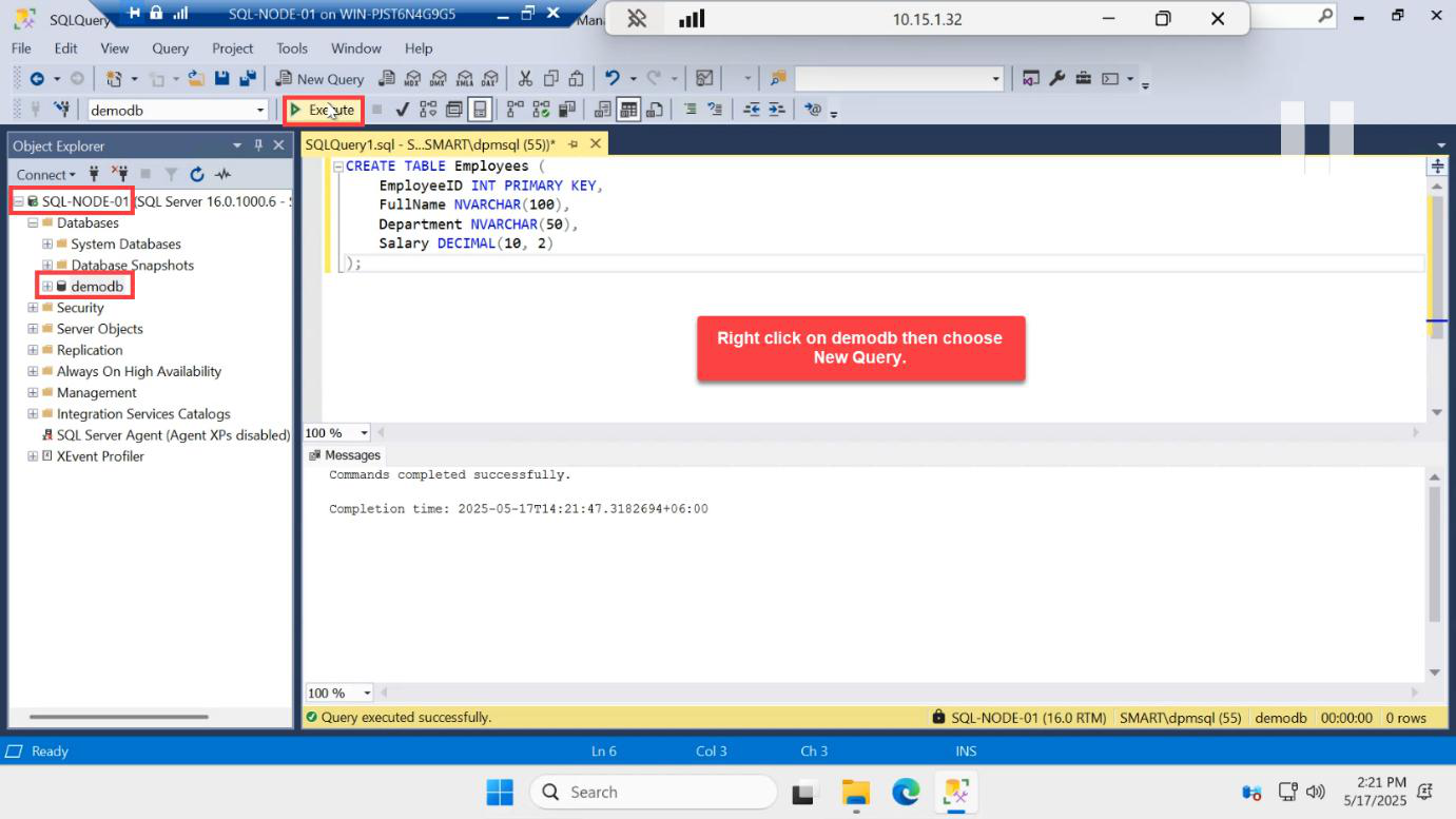 New Query window targeting demodb running a CREATE TABLE statement to create the dbo.Employees table