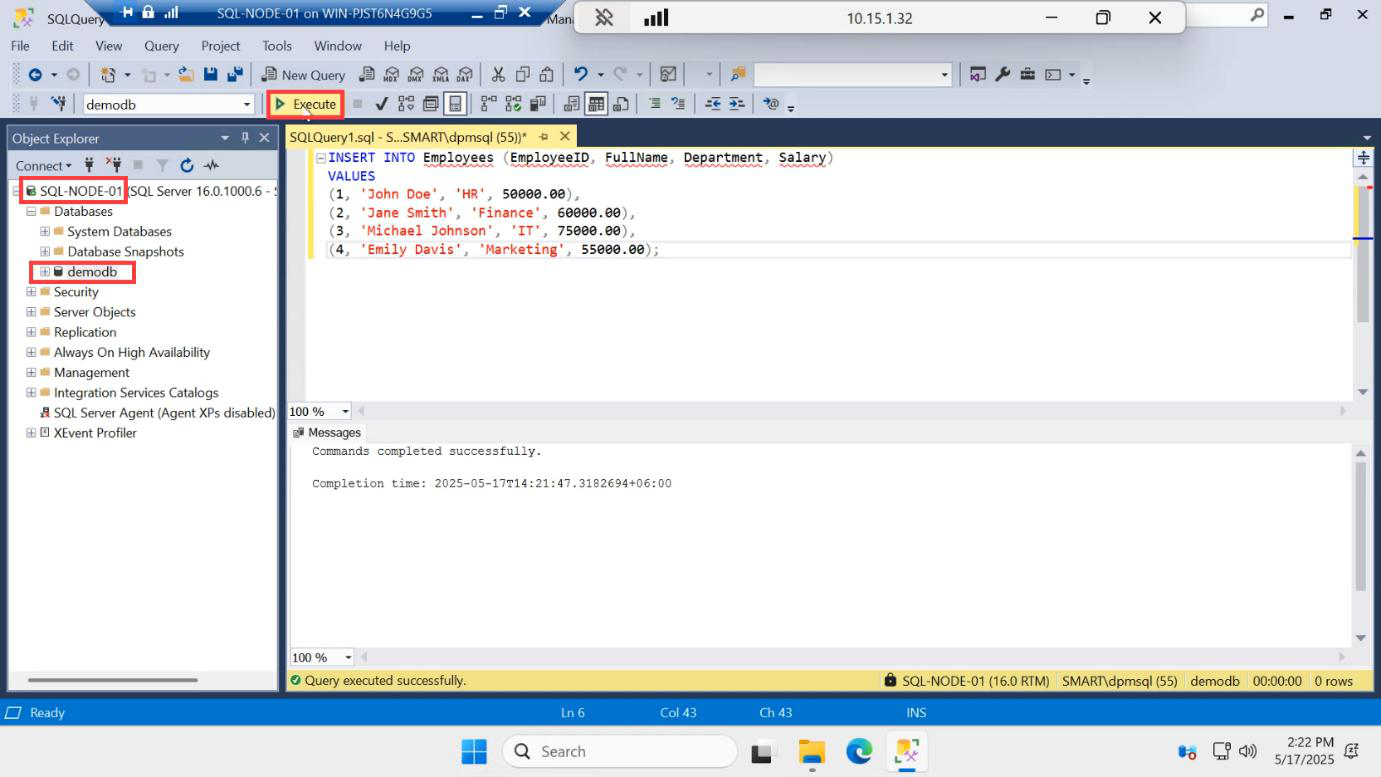 New Query window with INSERT statements adding several rows of seed data into the dbo.Employees table
