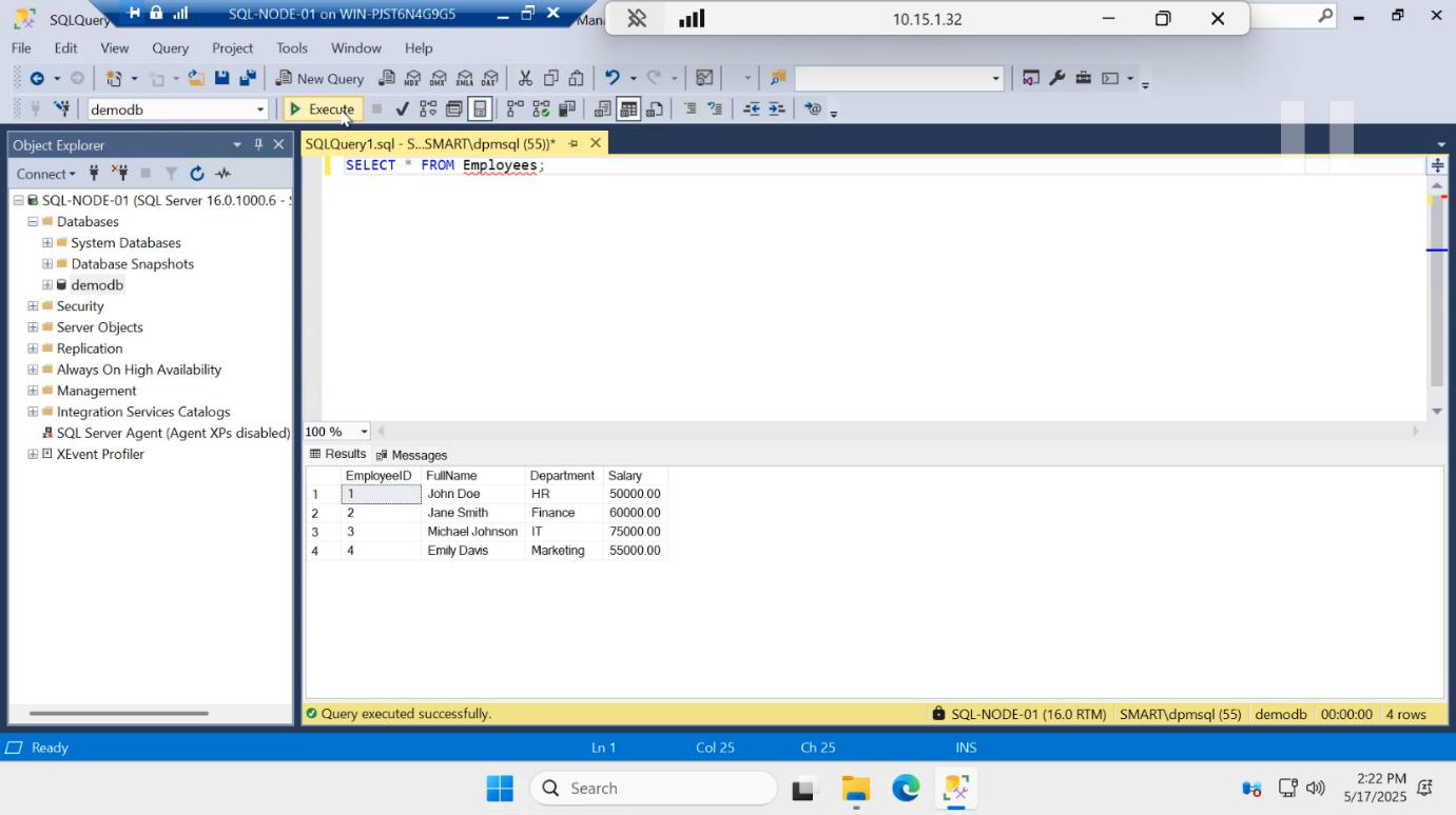 New Query window with a SELECT statement returning the rows just inserted into the demodb dbo.Employees table
