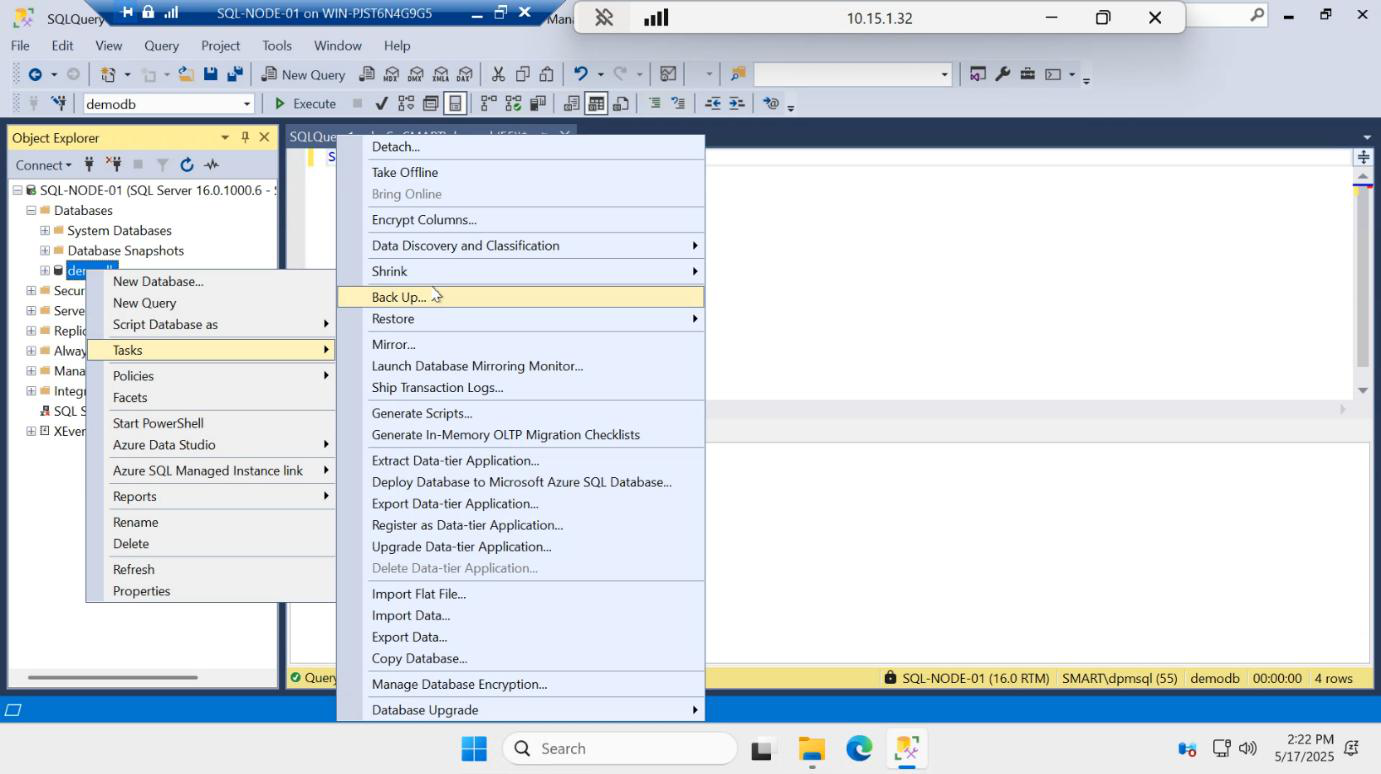 Right-click context menu on demodb showing the Tasks submenu with the Back Up option highlighted