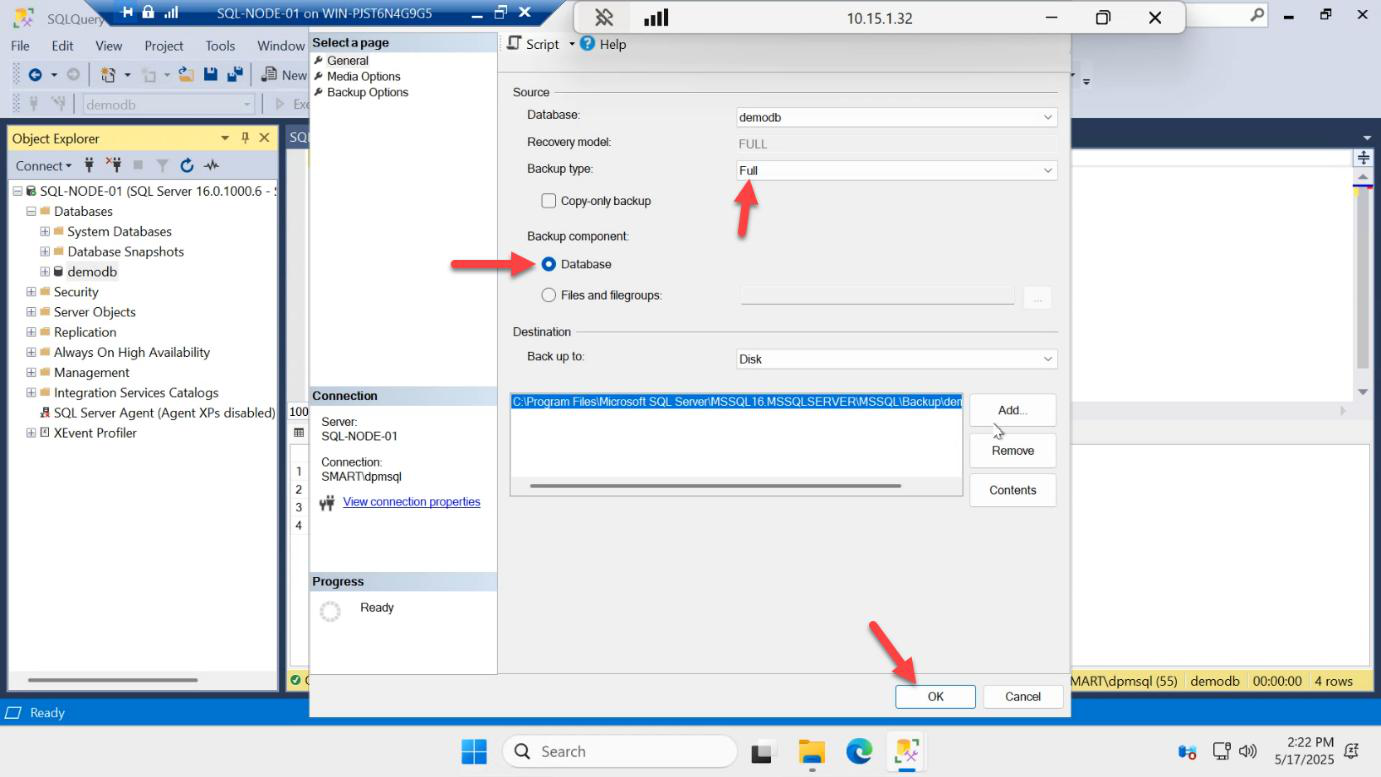 Back Up Database dialog with backup type set to Full and OK clicked to write the demodb full backup file
