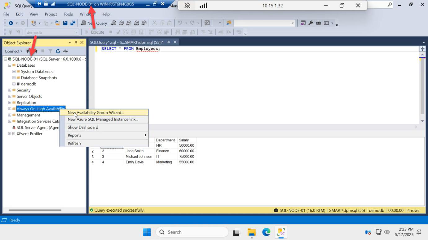 SSMS Object Explorer on SQL-NODE-01 with the Always On High Availability node right-clicked and the New Availability Group Wizard option selected
