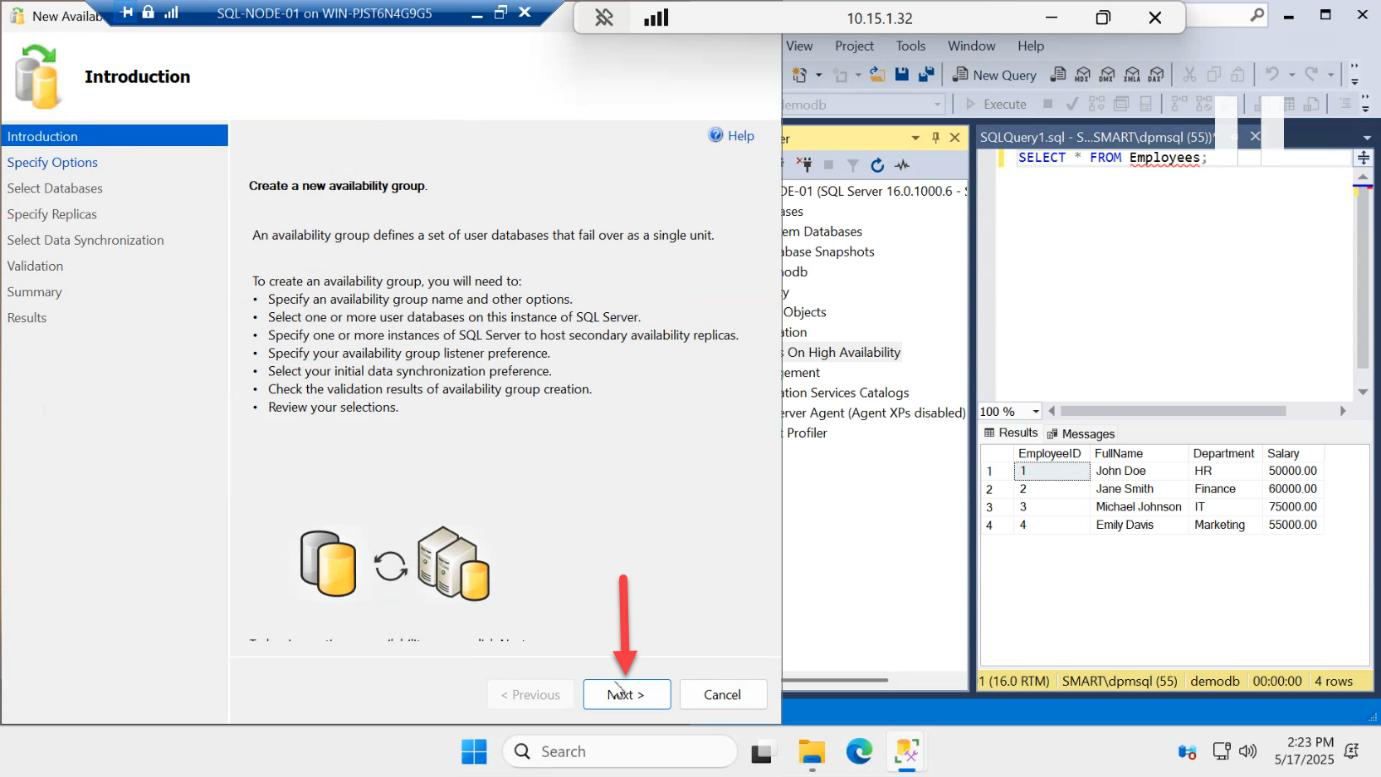 New Availability Group Wizard introduction page with the Next button highlighted to begin AG configuration