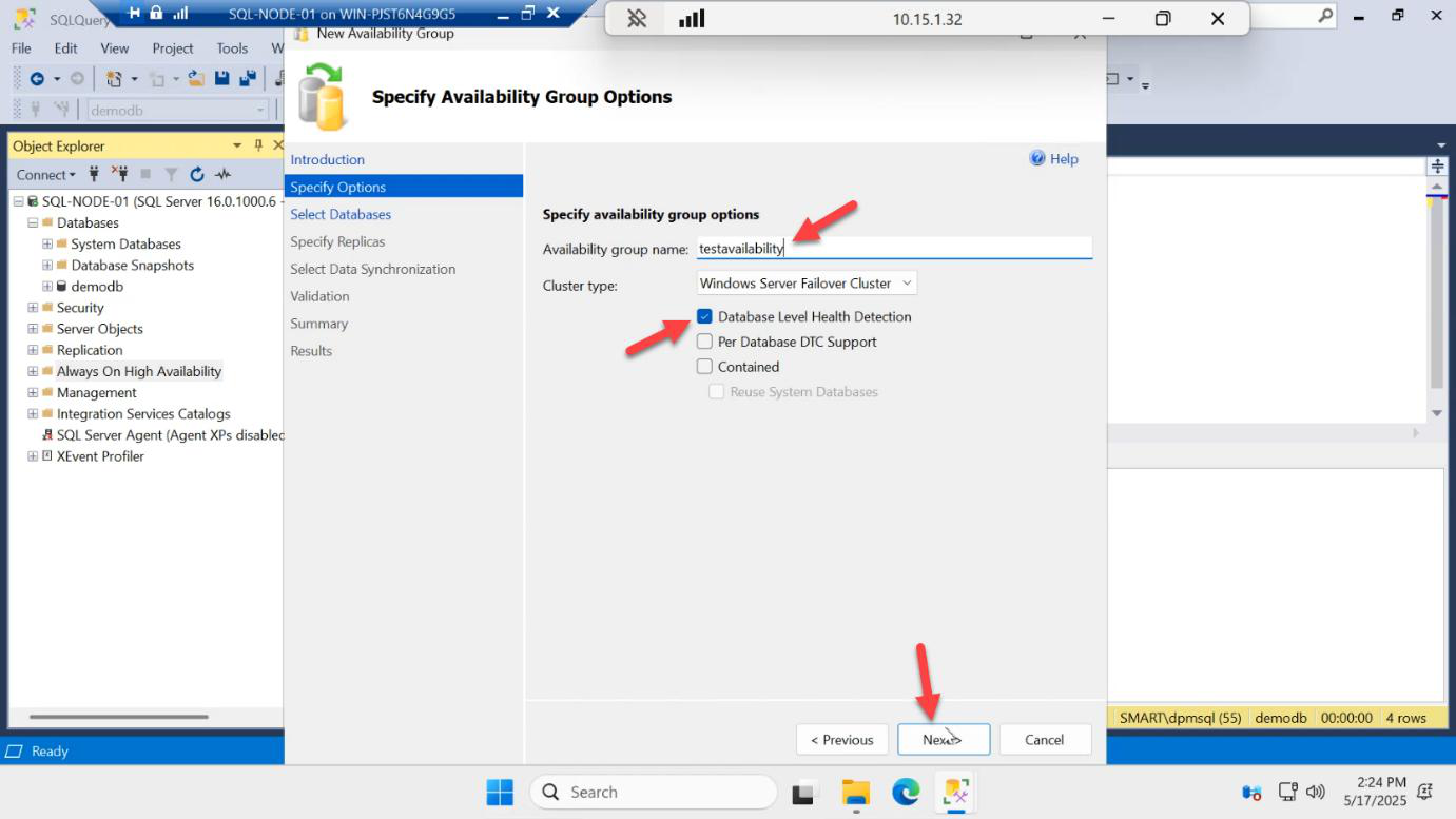 Specify Availability Group Options page with the AG name field filled in with AG-DEMO