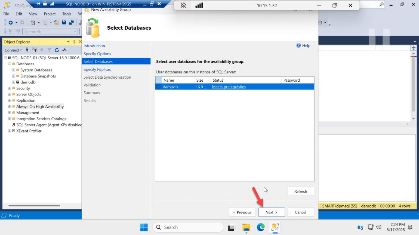 Select Databases page showing demodb listed with status Meets prerequisites and its checkbox ticked