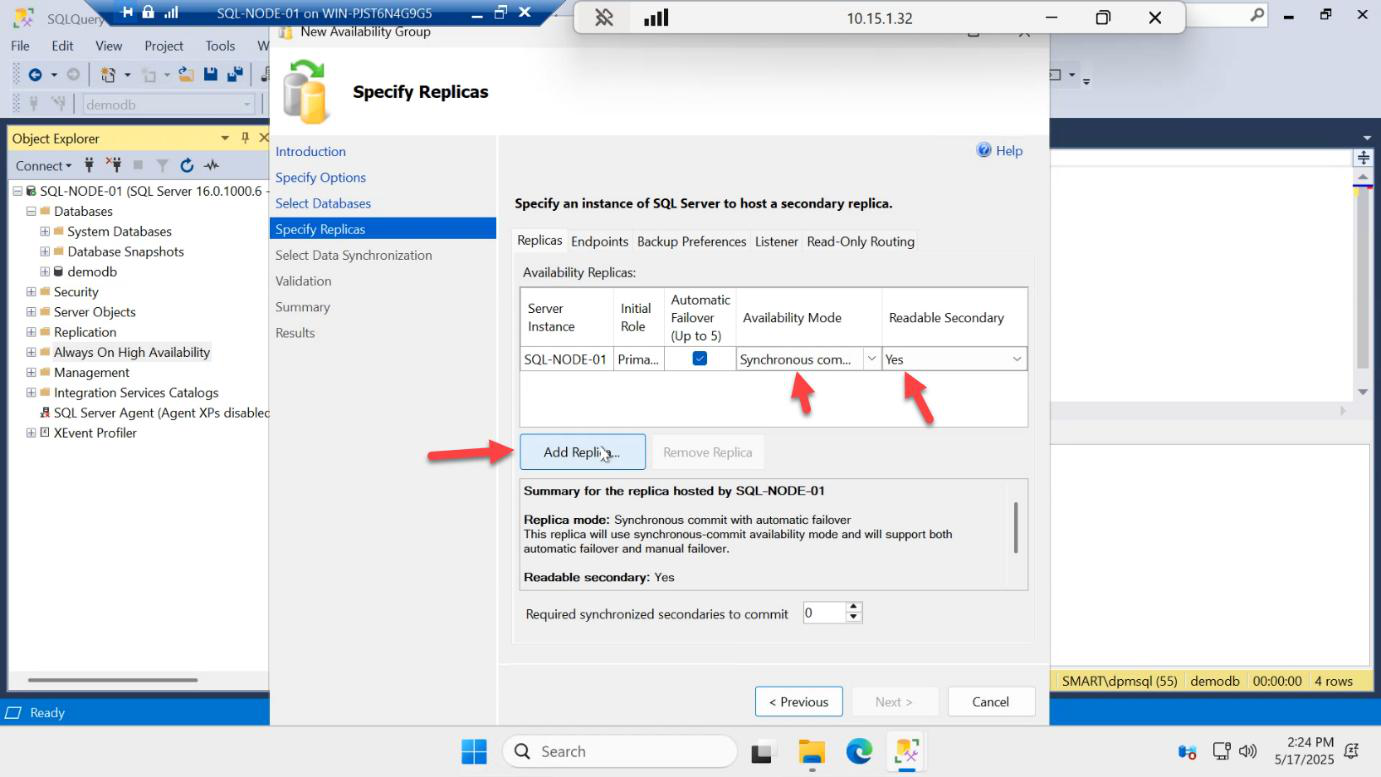 Specify Replicas page Replicas tab showing SQL-NODE-01 added as the initial primary replica with readable secondary set to Yes