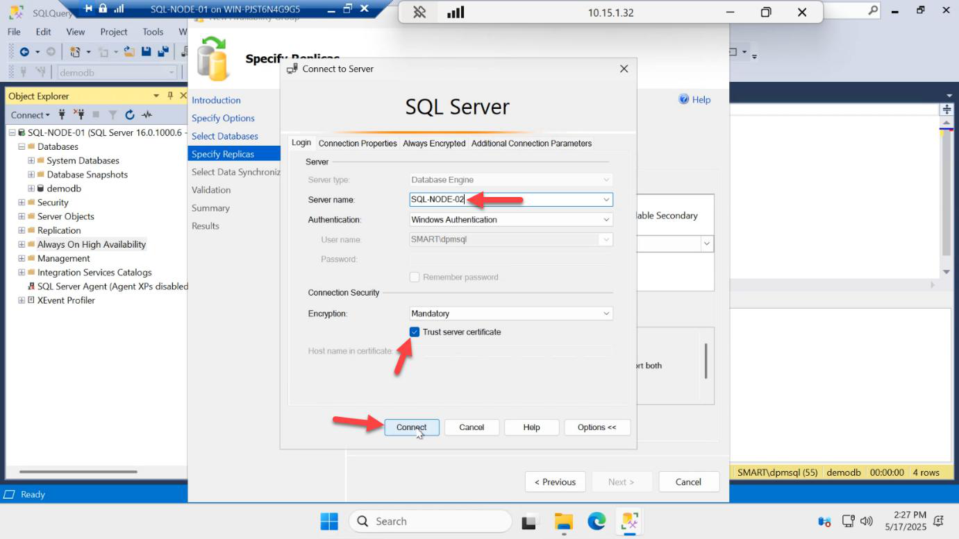 Add Replica button being clicked and the Connect to Server dialog opening to add the second replica node