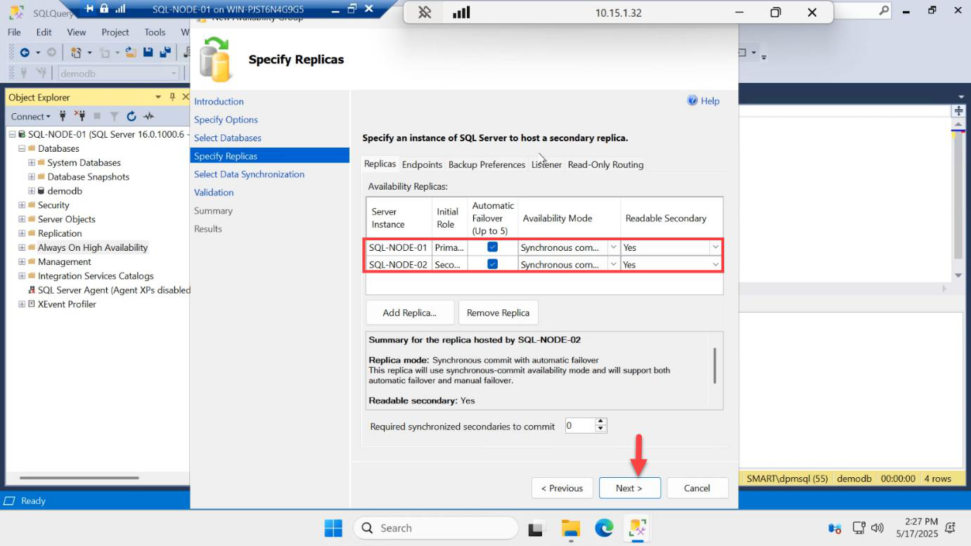 Replicas tab now showing both SQL-NODE-01 and SQL-NODE-02 with synchronous commit availability mode and automatic failover enabled