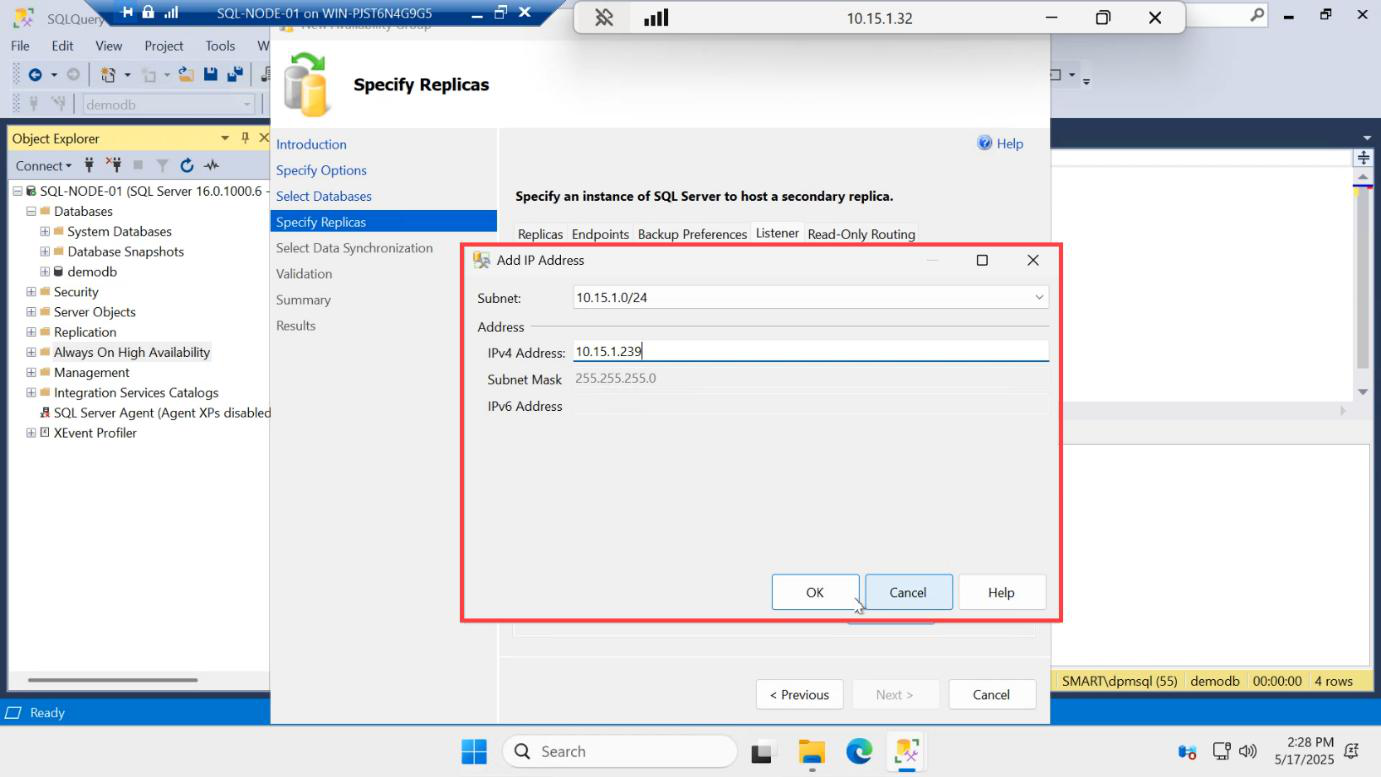 Add IP Address dialog with an IPv4 address entered for the listener in the same subnet as the cluster nodes