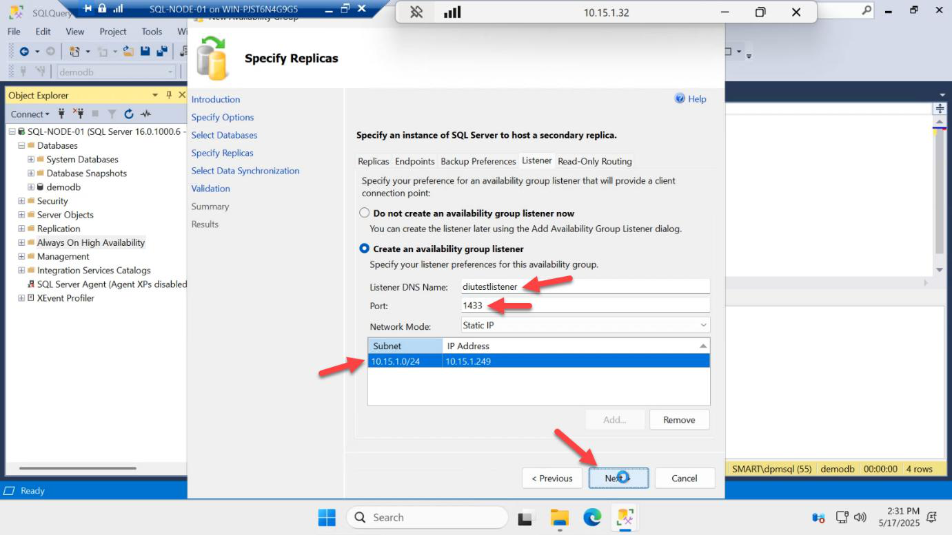 Listener configuration with DNS name AG-LISTENER and port 1433 entered before clicking Next